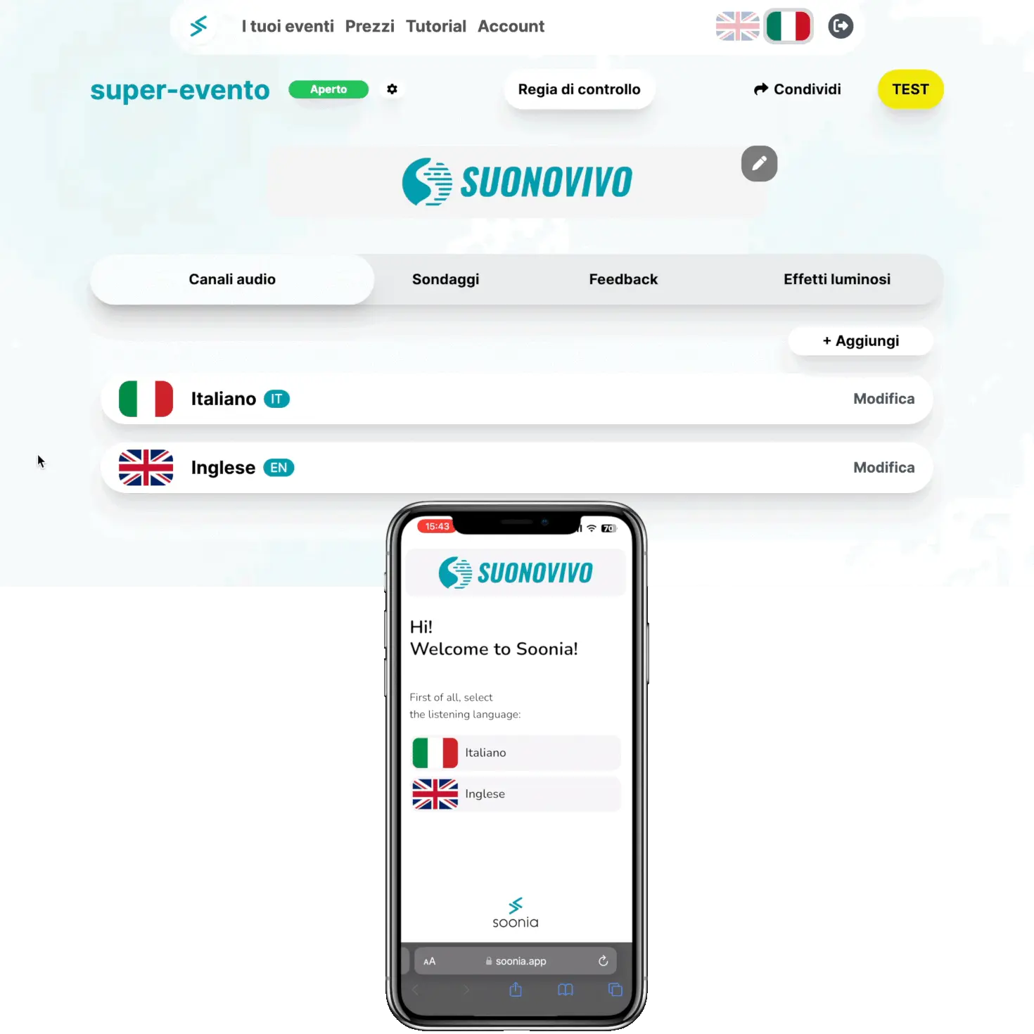 Soonia impostazioni evento Soonia impostazioni evento